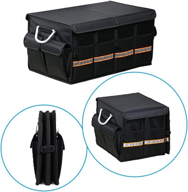 Car Trunk Organizer - Collapsible Trunk Organizer with Foldable Cover Aluminium Alloy Handle Reflective Strip for Auto, SUV, Truck, Minivan (S Black) - Image 2