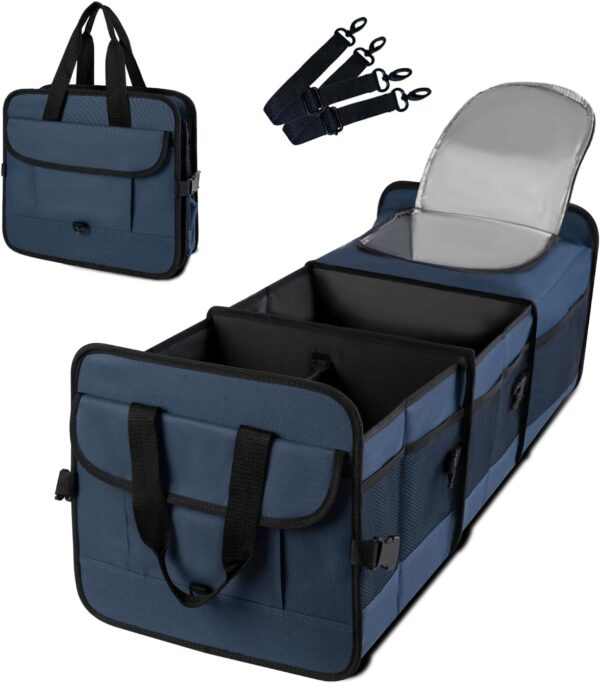 Trunk Organizer for SUV with cooler bag, Collapsible Multi-Compartment Car Organizers Foldable 600D Oxford Polyester (blue-upgrade)