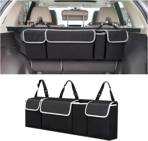 Car Trunk Organizer with Lid, Backseat Hanging Storage Bag with 4 Pockets & 3 Adjustable Straps, Waterproof PVC Collapsible Cargo Bag, Car Interior Accessories for Auto SUV MPV
