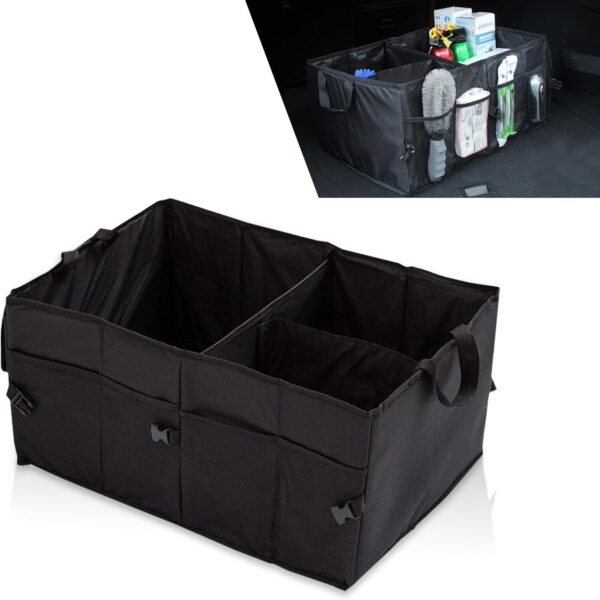 1 PC Car Trunk Storage Bag, Large Capacity Waterproof Foldable Storage Box, Multi-Compartment Fixed Luggage Storage Bag, Car Storage Accessories, Universal for Most Cars (Black)