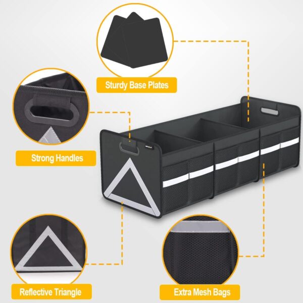 SUV Trunk Organizer - Universal Car Storage with Multi Pockets, Foldable Heavy Duty Collapsible Trunk Storage with Reflective Stripe - Image 2