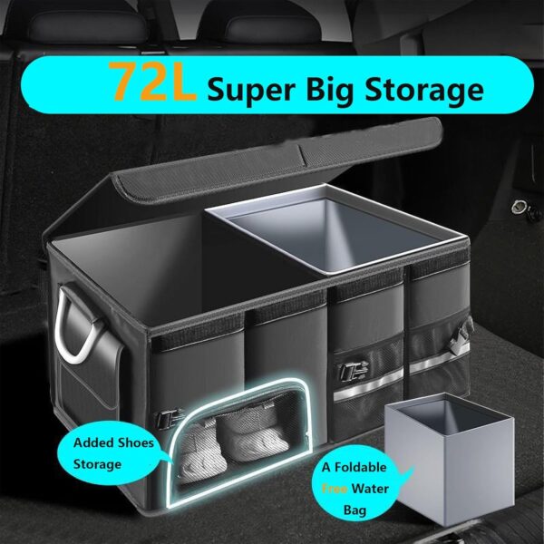 Car Trunk Storage With Lid and Free Water Storage Bag, 72L, Large Trunk Organizer, Trunk Organizer Suv, Metal Handles, Multi-Compartment Car Organizers, Foldable Waterproof, Black - Image 2