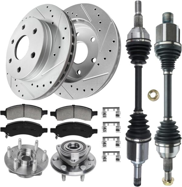 12.8" Front Brake Kit for 2009 2010 2011 2012 2013 2014 2015 2016 2017 Chevy Traverse, 2008-2017 Buick Enclave, for GMC Acadia Drilled Slotted Brakes w/CV Axle Wheel Bearing Hub Replacement