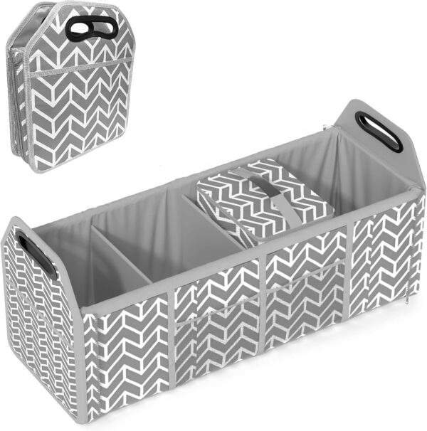 Trunk Organizer, Foldable Car Storage Bag Portable Insulation Cooler Bag Collapsible Vehicle Organizer Divider Storage Totes with 4 Compartment Cargo Tote for Groceries Caddy SUV, Gray