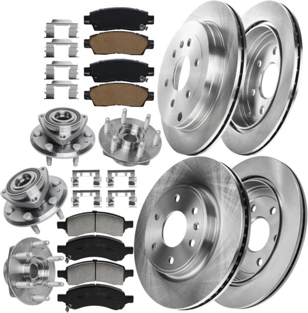 ABS Front 12.8" and Rear 13.02" Vented Brake Kit for 08-17 Buick Enclave, for Chevy Traverse, GMC Acadia Limited, Saturn Outlook Brakes Rotors and Ceramic Pad w/Wheel Bearing Hub Replacement