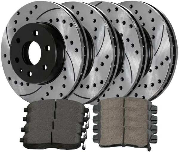 Brake Kit Replacement for Chevrolet Traverse GMC Acadia Limited Buick Enclave Saturn Outlook V6 Front Rear Drilled & Slotted E-Coated Disc Brake Rotors Ceramic Brakes Pads BRAKEPKG351