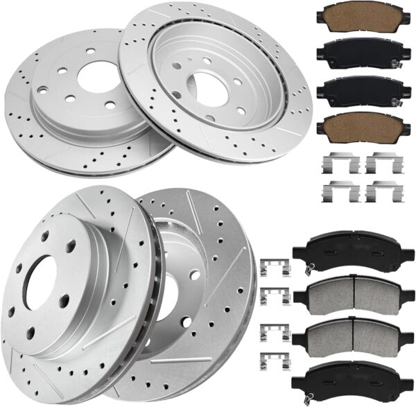 12.80" Front and 13.02" Rear Brake Kit for 2009 2010 2011 2012 2013 2014 2015 2016 2017 Chevrolet Traverse, Buick Enclave, GMC Acadia Replacement Drilled Slotted Brakes Rotors Ceramic Pads