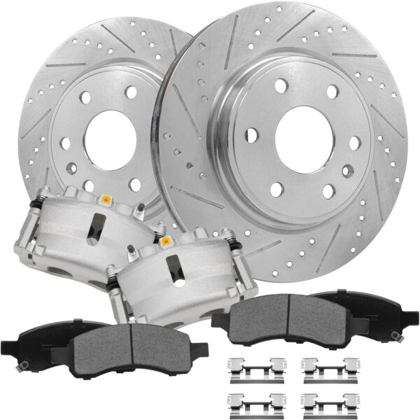 Front Brake Kit for Chevy Traverse GMC Acadia Buick Enclave Saturn Outlook Drilled & Slotted Brake Rotors Brake Calipers w/Brackets Ceramic Brakes Pads Replacement [12.80 inch Rotors]