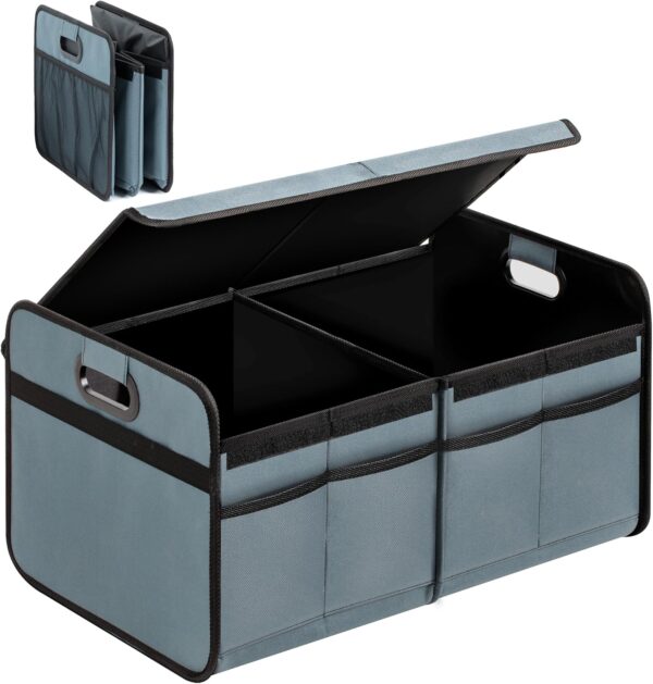 Car Trunk Organizer with Lid, Collapsible 2 Compartment Automotive Storage Box, 600D Waterproof Oxford Polyester 50L Travel Accessories, Anti-slip & Leak-proof, Grey-Green