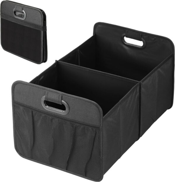 Car Trunk Organizer, Foldable 2 Compartment 50L Storage Box with 5 Pocket & Reinforced Handle, 600D Waterproof Oxford Polyester, Non-Slip Bottom, for SUV/Truck, Black