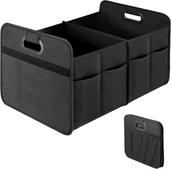 Trunk Organizer for Car/SUV/Truck, Collapsible 2 Compartment Automotive Storage Box, 600D Waterproof Oxford Polyester 50L Travel Accessories, Anti-slip & Leak-proof, Black